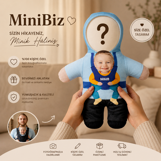 Babalar Gününe Özel Baba Ve Çocuk Tasarımlı Kişiye Özel Fotoğraflı Peluş-25cm-