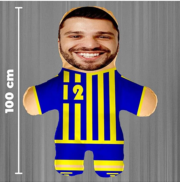 Kişiye Özel Fotoğraflı Sarı Lacivert Şampiyon Taraftar Peluş Bebek -100cm-