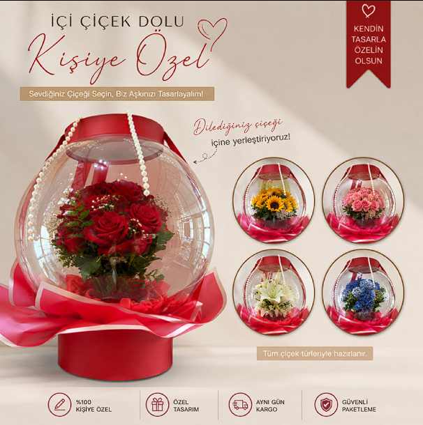 Balon içerisinde çiçek çeşitlerimiz